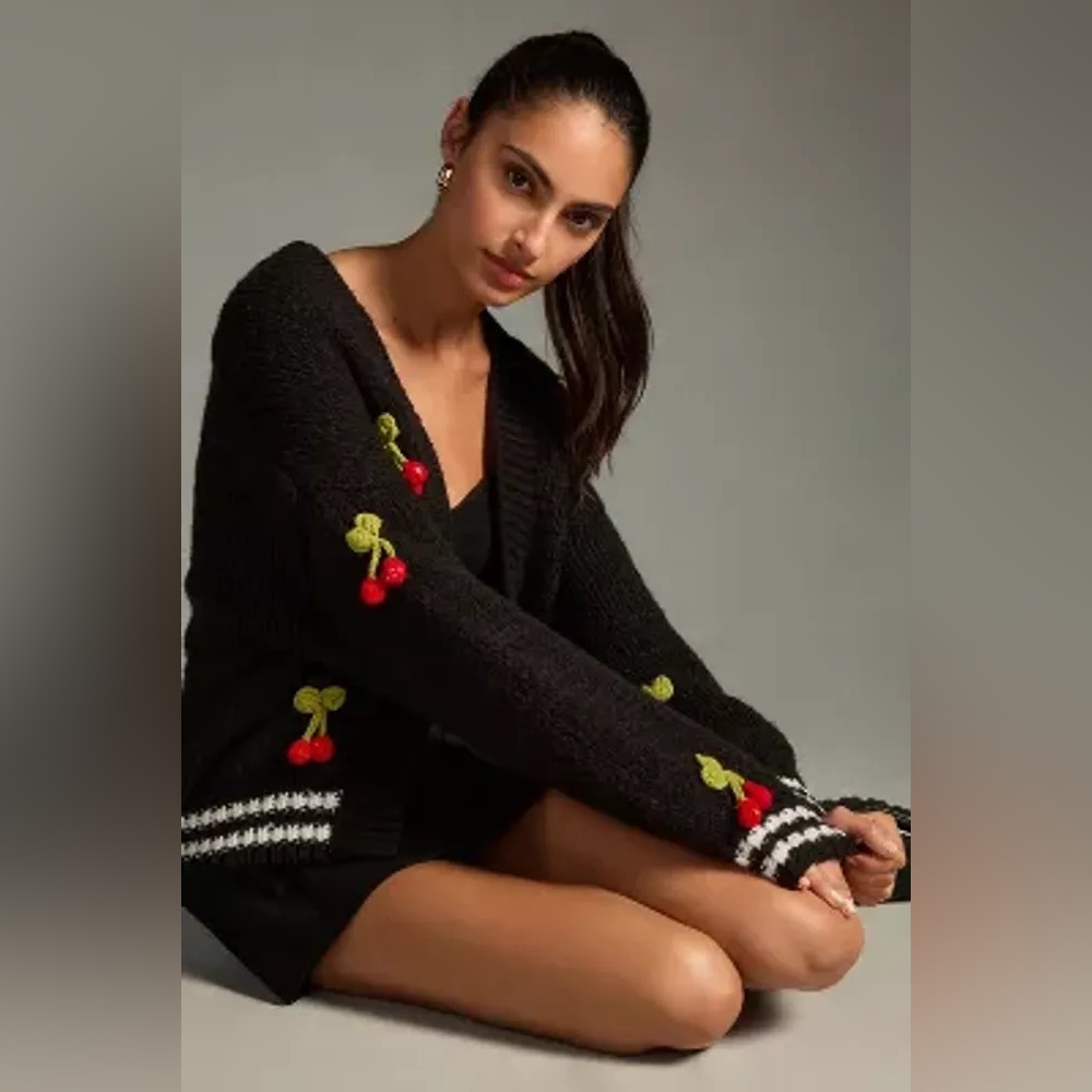 Anthropologie Maeve Womens Cardigan Sweater One Size Cherry Knit 3D Varsity - Picture 4 of 4